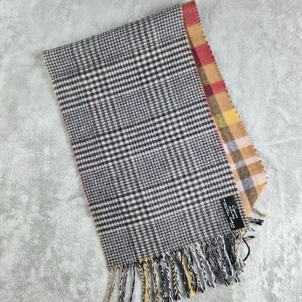Cejon Scarf Brown Yellow Red Tartan Plaid Acrylic Fringed Warm Made in Italy